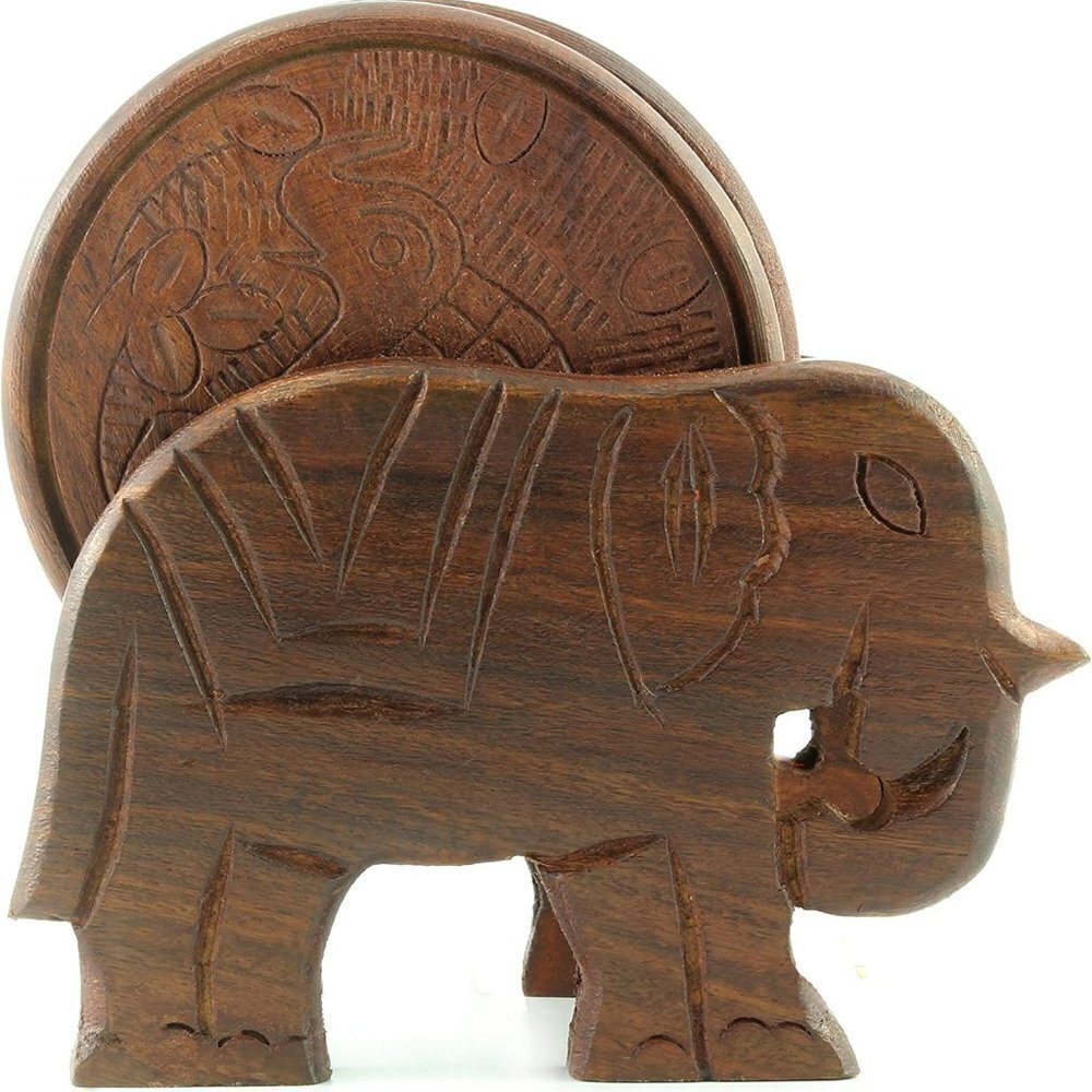 Set of 6 Handcrafted  Elephant Design Wooden Coasters with Holder -.